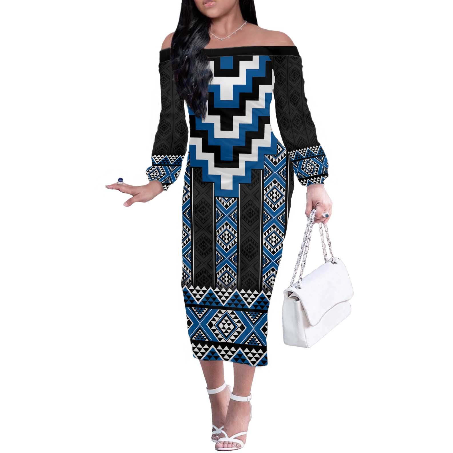 Blue Taniko Aotearoa Off The Shoulder Long Sleeve Dress Niho Taniwha Mix Poutama LT14 Women Blue - Polynesian Pride