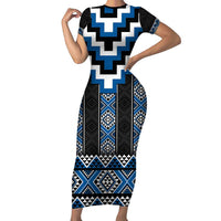 Blue Taniko Aotearoa Short Sleeve Bodycon Dress Niho Taniwha Mix Poutama LT14 Long Dress Blue - Polynesian Pride