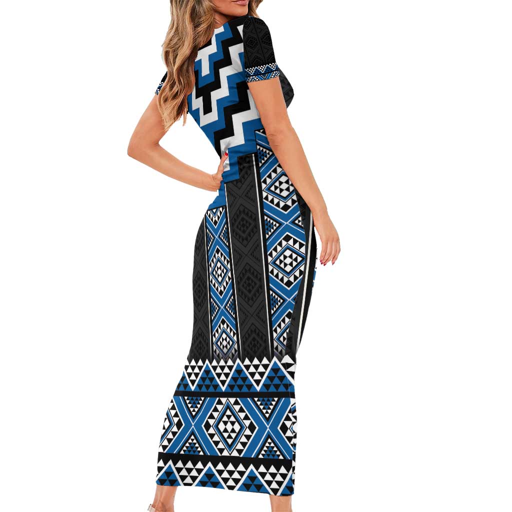 Blue Taniko Aotearoa Short Sleeve Bodycon Dress Niho Taniwha Mix Poutama LT14 - Polynesian Pride