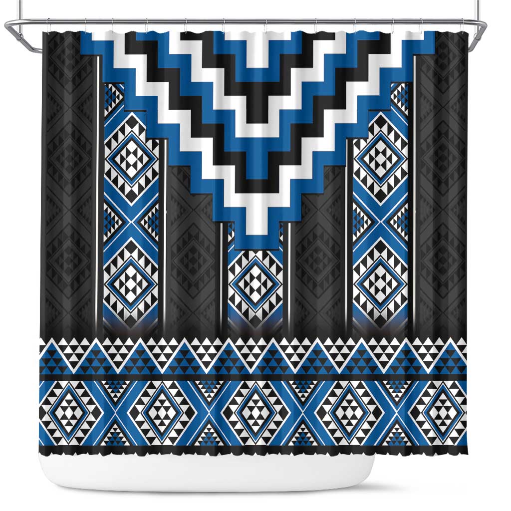 Blue Taniko Aotearoa Shower Curtain Niho Taniwha Mix Poutama LT14 Blue - Polynesian Pride