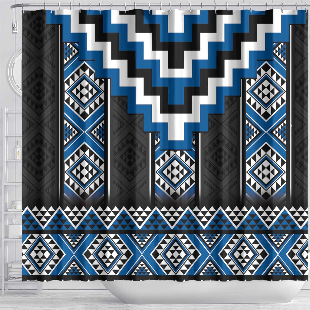 Blue Taniko Aotearoa Shower Curtain Niho Taniwha Mix Poutama LT14
