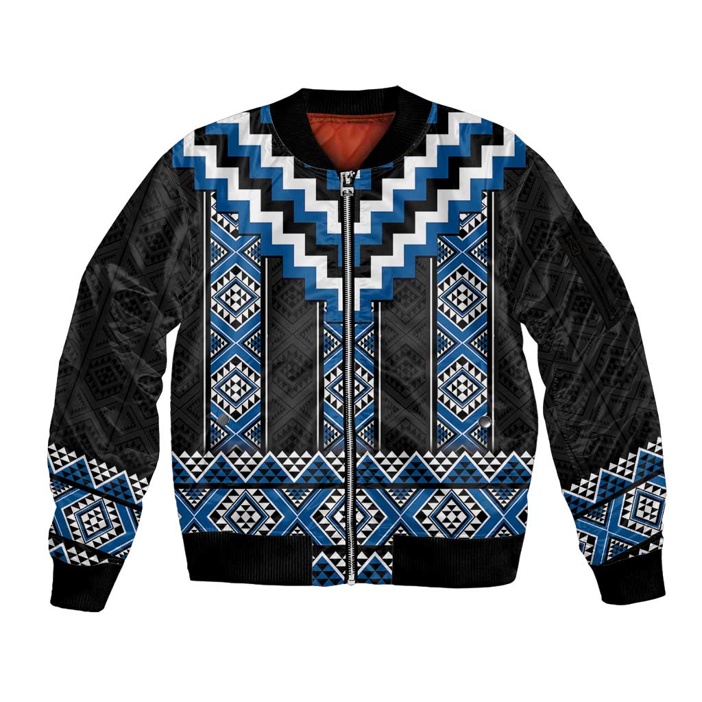 Blue Taniko Aotearoa Sleeve Zip Bomber Jacket Niho Taniwha Mix Poutama LT14 Unisex Blue - Polynesian Pride