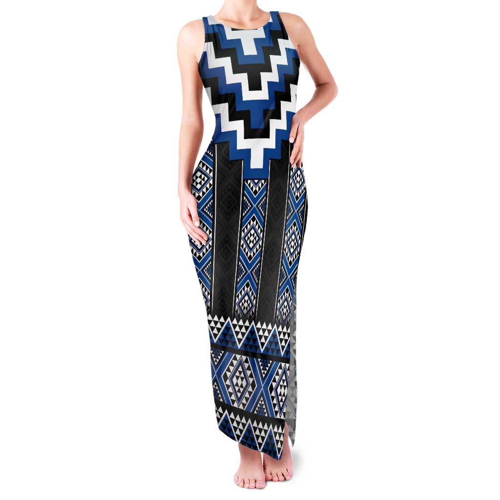 Blue Taniko Aotearoa Tank Maxi Dress Niho Taniwha Mix Poutama LT14 Women Blue - Polynesian Pride