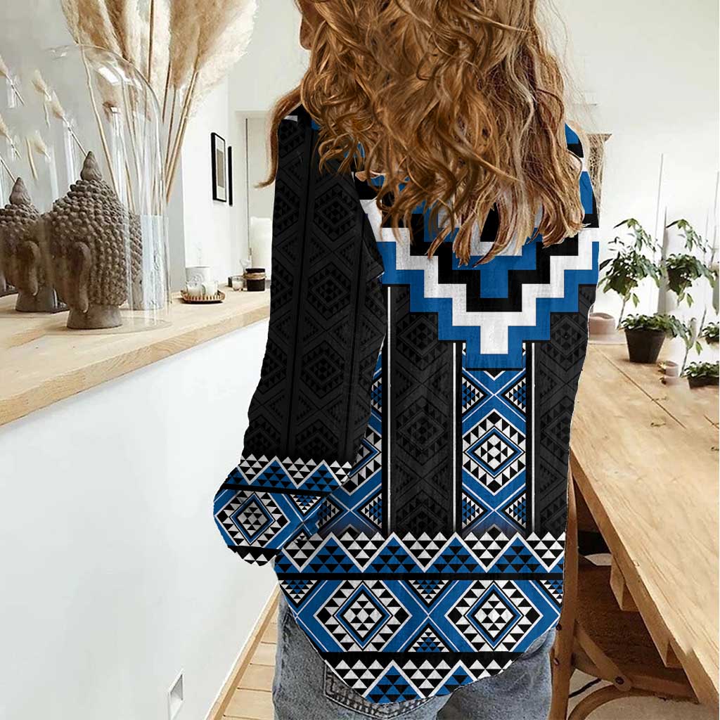 Blue Taniko Aotearoa Women Casual Shirt Niho Taniwha Mix Poutama LT14