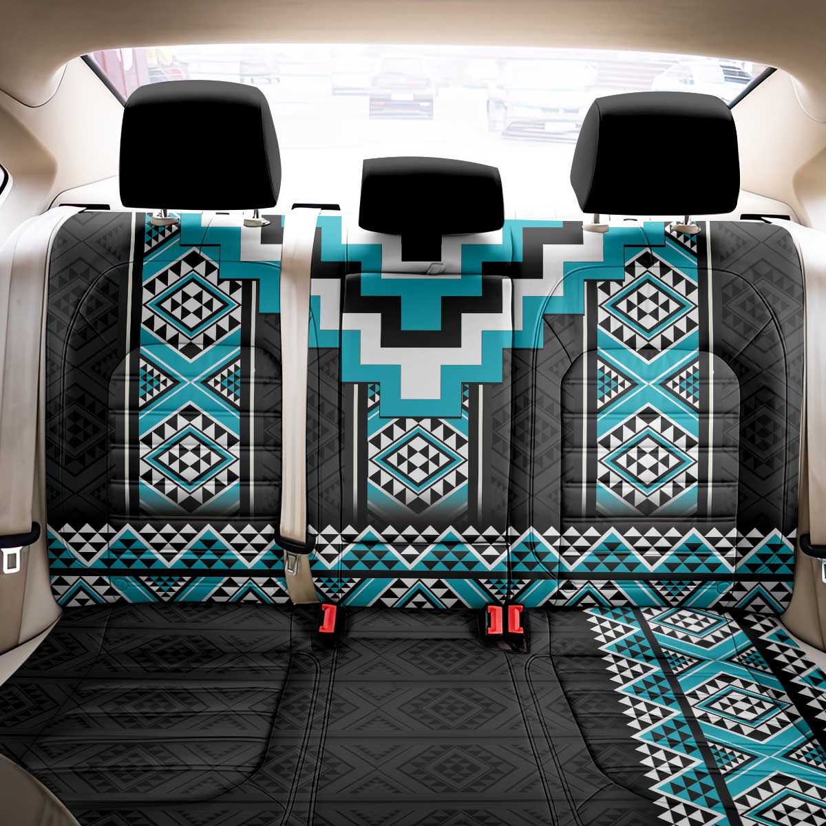 Turquoise Taniko Pattern Aotearoa Back Car Seat Cover Niho Taniwha Mix Poutama