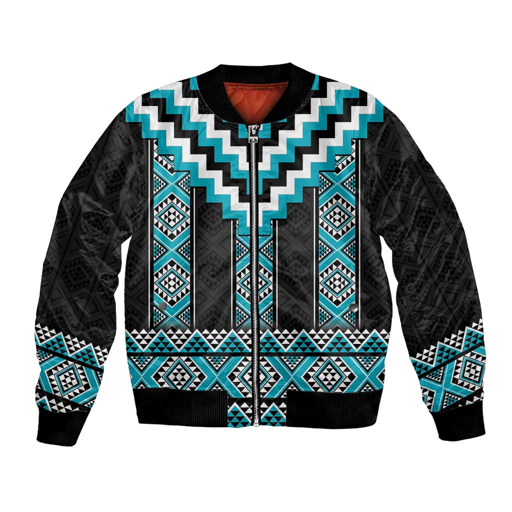 Turquoise Taniko Pattern Aotearoa Bomber Jacket Niho Taniwha Mix Poutama LT14 Unisex Turquoise - Polynesian Pride