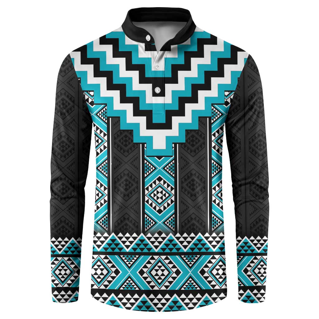 Turquoise Taniko Pattern Aotearoa Button Sweatshirt Niho Taniwha Mix Poutama LT14