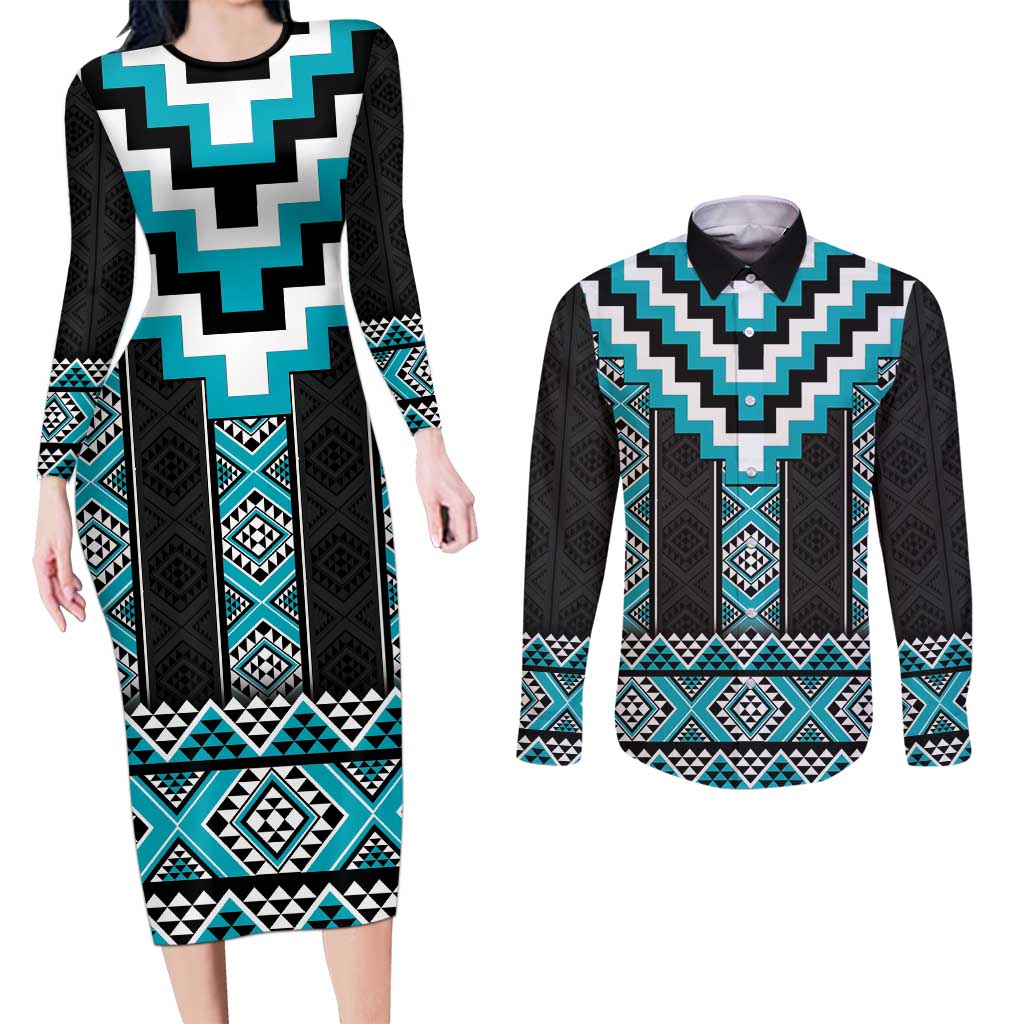 Turquoise Taniko Pattern Aotearoa Couples Matching Long Sleeve Bodycon Dress and Long Sleeve Button Shirt Niho Taniwha Mix Poutama LT14