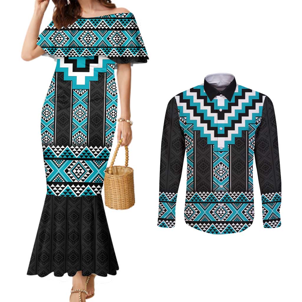 Turquoise Taniko Pattern Aotearoa Couples Matching Mermaid Dress and Long Sleeve Button Shirt Niho Taniwha Mix Poutama LT14