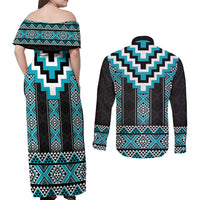 Turquoise Taniko Pattern Aotearoa Couples Matching Off Shoulder Maxi Dress and Long Sleeve Button Shirt Niho Taniwha Mix Poutama LT14