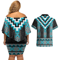 Turquoise Taniko Pattern Aotearoa Couples Matching Off Shoulder Short Dress and Hawaiian Shirt Niho Taniwha Mix Poutama LT14