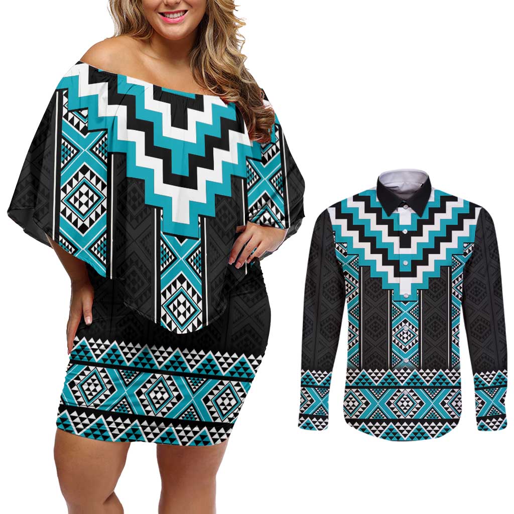 Turquoise Taniko Pattern Aotearoa Couples Matching Off Shoulder Short Dress and Long Sleeve Button Shirt Niho Taniwha Mix Poutama LT14