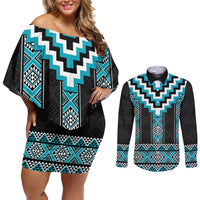 Turquoise Taniko Pattern Aotearoa Couples Matching Off Shoulder Short Dress and Long Sleeve Button Shirt Niho Taniwha Mix Poutama LT14
