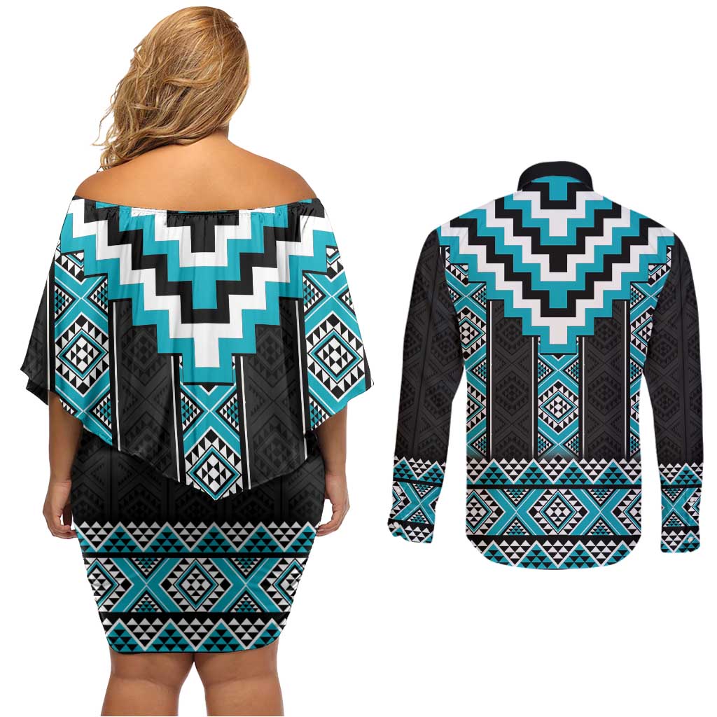 Turquoise Taniko Pattern Aotearoa Couples Matching Off Shoulder Short Dress and Long Sleeve Button Shirt Niho Taniwha Mix Poutama LT14