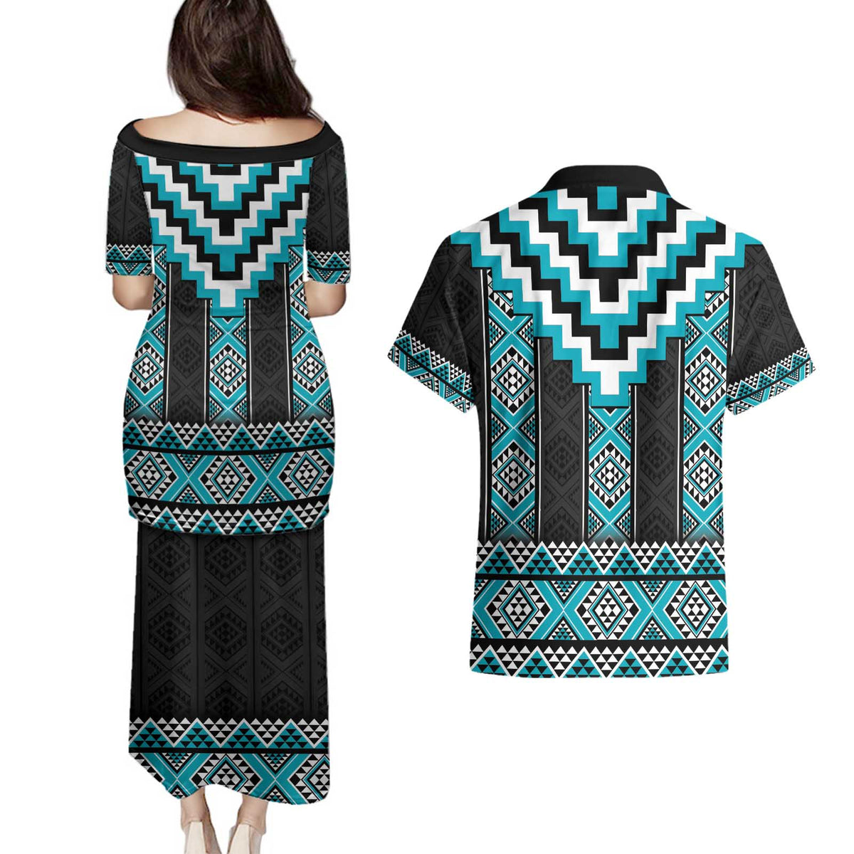 Turquoise Taniko Pattern Aotearoa Couples Matching Puletasi and Hawaiian Shirt Niho Taniwha Mix Poutama LT14