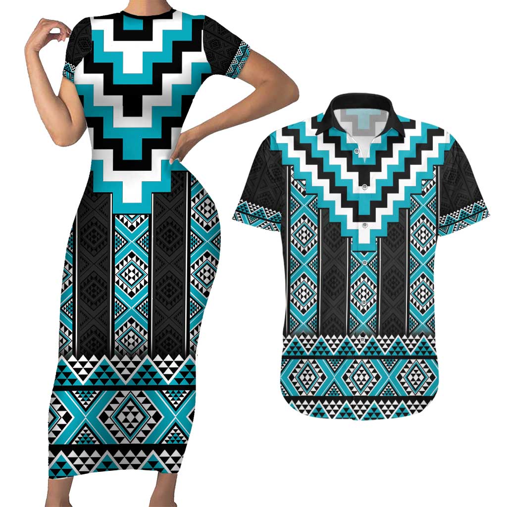 Turquoise Taniko Pattern Aotearoa Couples Matching Short Sleeve Bodycon Dress and Hawaiian Shirt Niho Taniwha Mix Poutama LT14