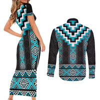 Turquoise Taniko Pattern Aotearoa Couples Matching Short Sleeve Bodycon Dress and Long Sleeve Button Shirt Niho Taniwha Mix Poutama LT14
