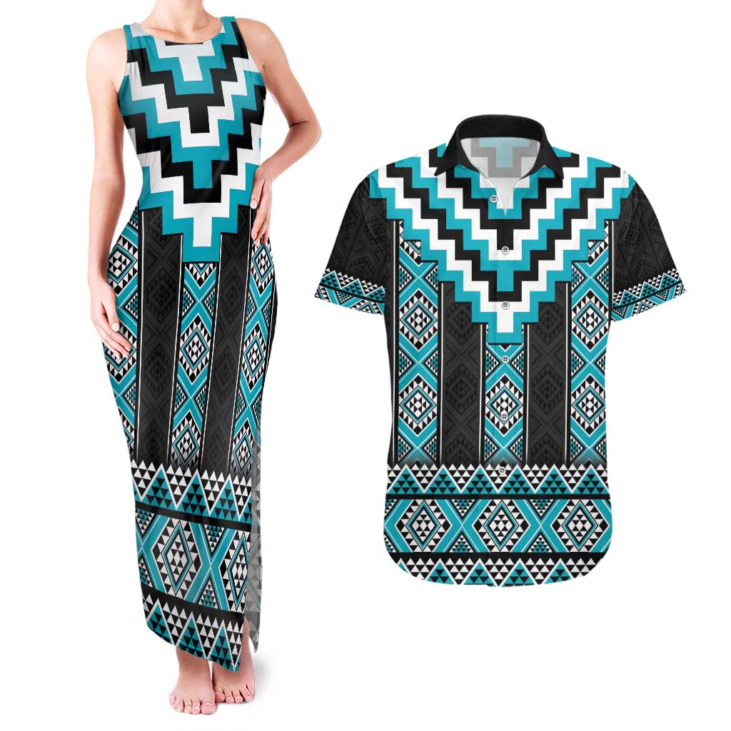 Turquoise Taniko Pattern Aotearoa Couples Matching Tank Maxi Dress and Hawaiian Shirt Niho Taniwha Mix Poutama LT14