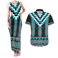 Turquoise Taniko Pattern Aotearoa Couples Matching Tank Maxi Dress and Hawaiian Shirt Niho Taniwha Mix Poutama LT14