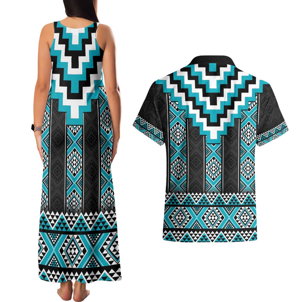 Turquoise Taniko Pattern Aotearoa Couples Matching Tank Maxi Dress and Hawaiian Shirt Niho Taniwha Mix Poutama LT14