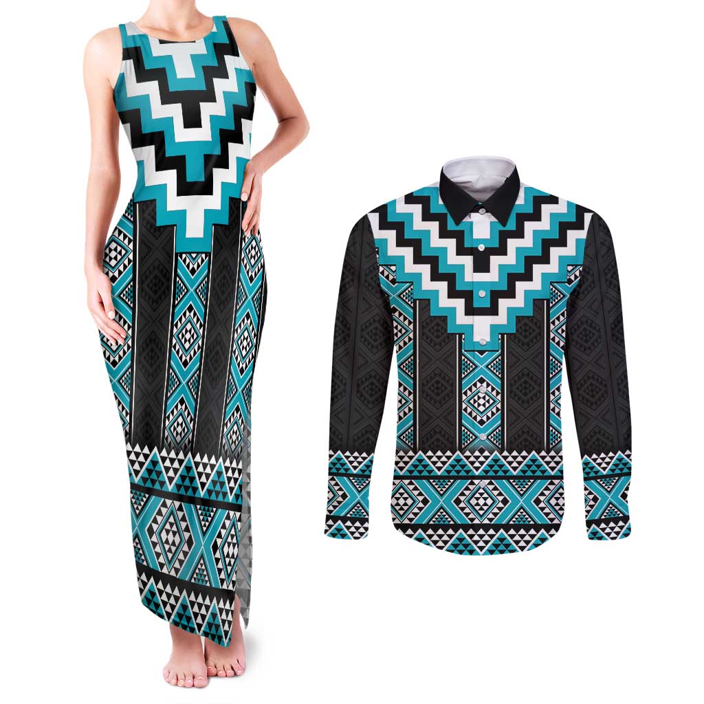 Turquoise Taniko Pattern Aotearoa Couples Matching Tank Maxi Dress and Long Sleeve Button Shirt Niho Taniwha Mix Poutama LT14