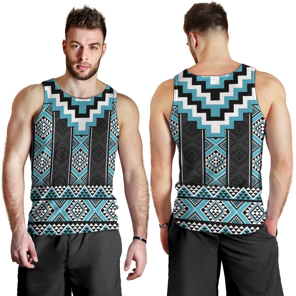 Turquoise Taniko Pattern Aotearoa Men Tank Top Niho Taniwha Mix Poutama LT14