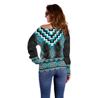 Turquoise Taniko Pattern Aotearoa Off Shoulder Sweater Niho Taniwha Mix Poutama LT14