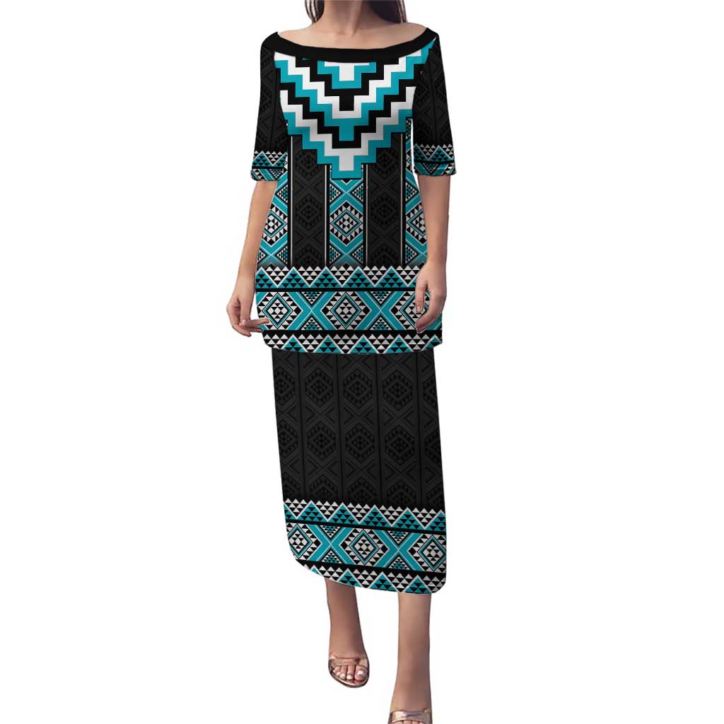 Turquoise Taniko Pattern Aotearoa Puletasi Niho Taniwha Mix Poutama LT14