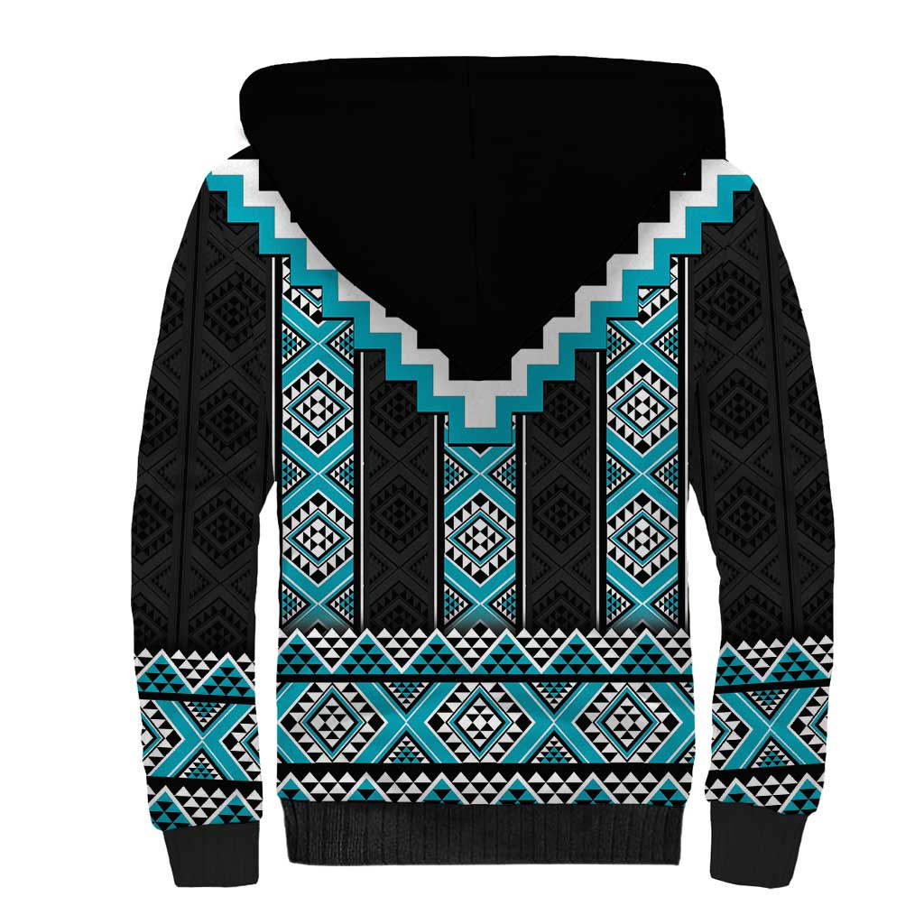 Turquoise Taniko Pattern Aotearoa Sherpa Hoodie Niho Taniwha Mix Poutama LT14