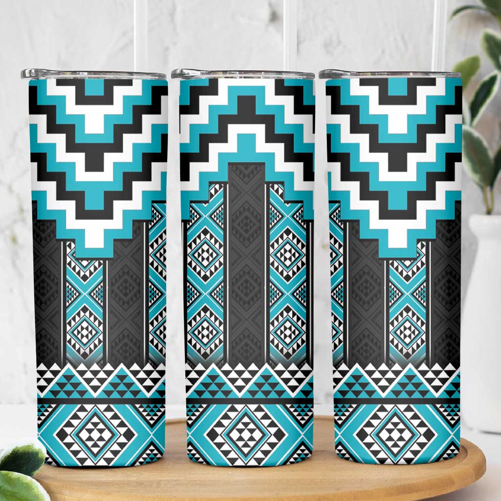 Turquoise Taniko Pattern Aotearoa Skinny Tumbler Niho Taniwha Mix Poutama LT14