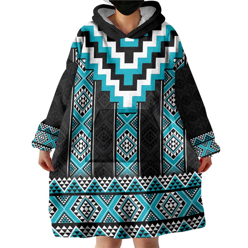 Turquoise Taniko Pattern Aotearoa Wearable Blanket Hoodie Niho Taniwha Mix Poutama LT14