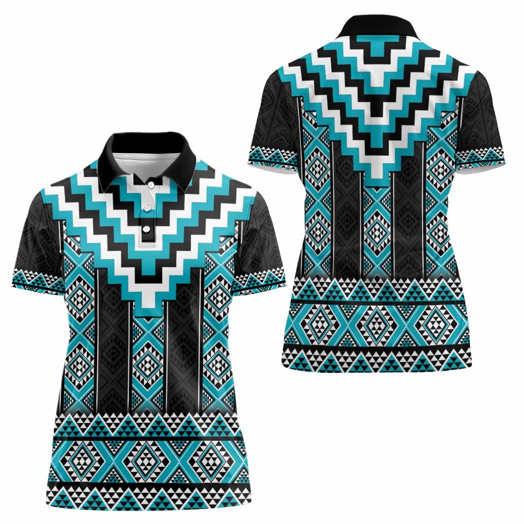 Turquoise Taniko Pattern Aotearoa Women Polo Shirt Niho Taniwha Mix Poutama LT14