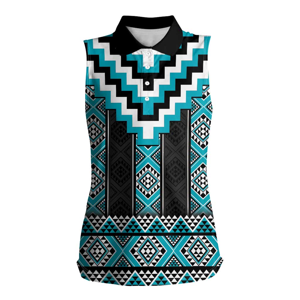 Turquoise Taniko Pattern Aotearoa Women Sleeveless Polo Shirt Niho Taniwha Mix Poutama LT14