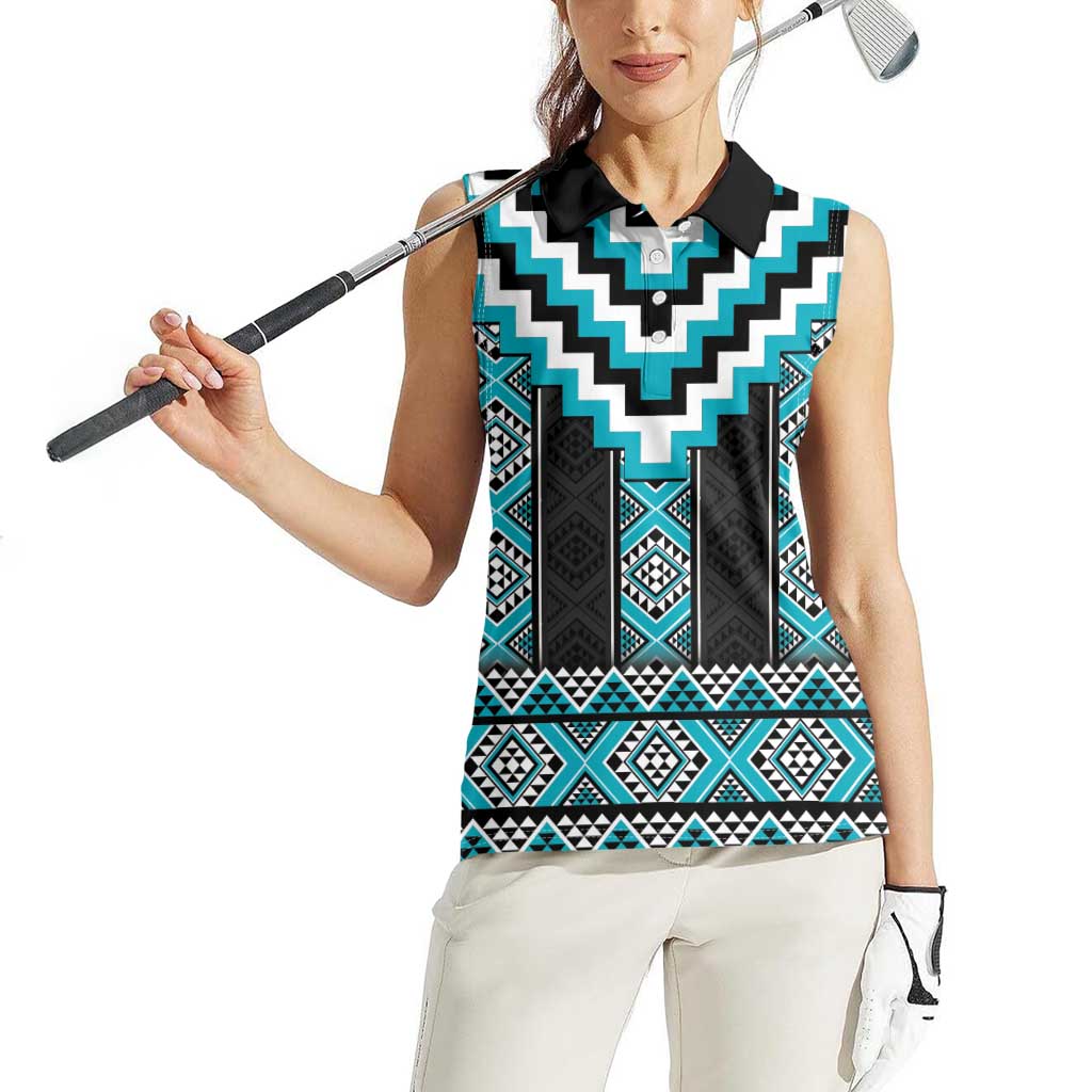 Turquoise Taniko Pattern Aotearoa Women Sleeveless Polo Shirt Niho Taniwha Mix Poutama LT14
