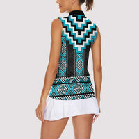Turquoise Taniko Pattern Aotearoa Women Sleeveless Polo Shirt Niho Taniwha Mix Poutama LT14