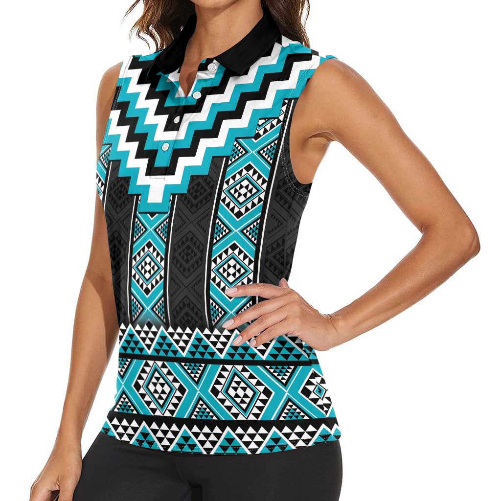 Turquoise Taniko Pattern Aotearoa Women Sleeveless Polo Shirt Niho Taniwha Mix Poutama LT14
