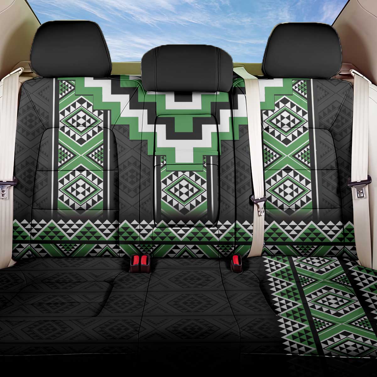 Green Taniko Pattern Aotearoa Back Car Seat Cover Niho Taniwha Mix Poutama