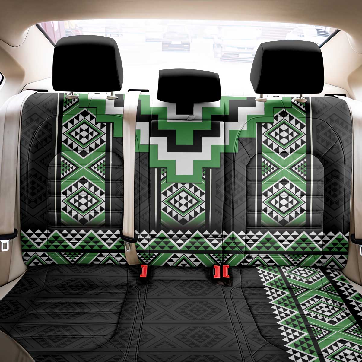 Green Taniko Pattern Aotearoa Back Car Seat Cover Niho Taniwha Mix Poutama