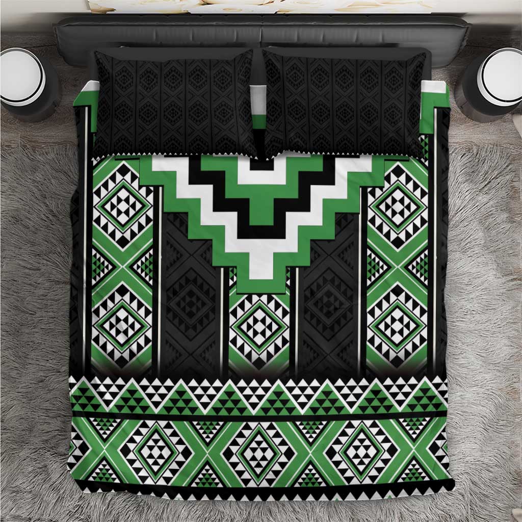 Green Taniko Pattern Aotearoa Bedding Set Niho Taniwha Mix Poutama LT14 Green - Polynesian Pride