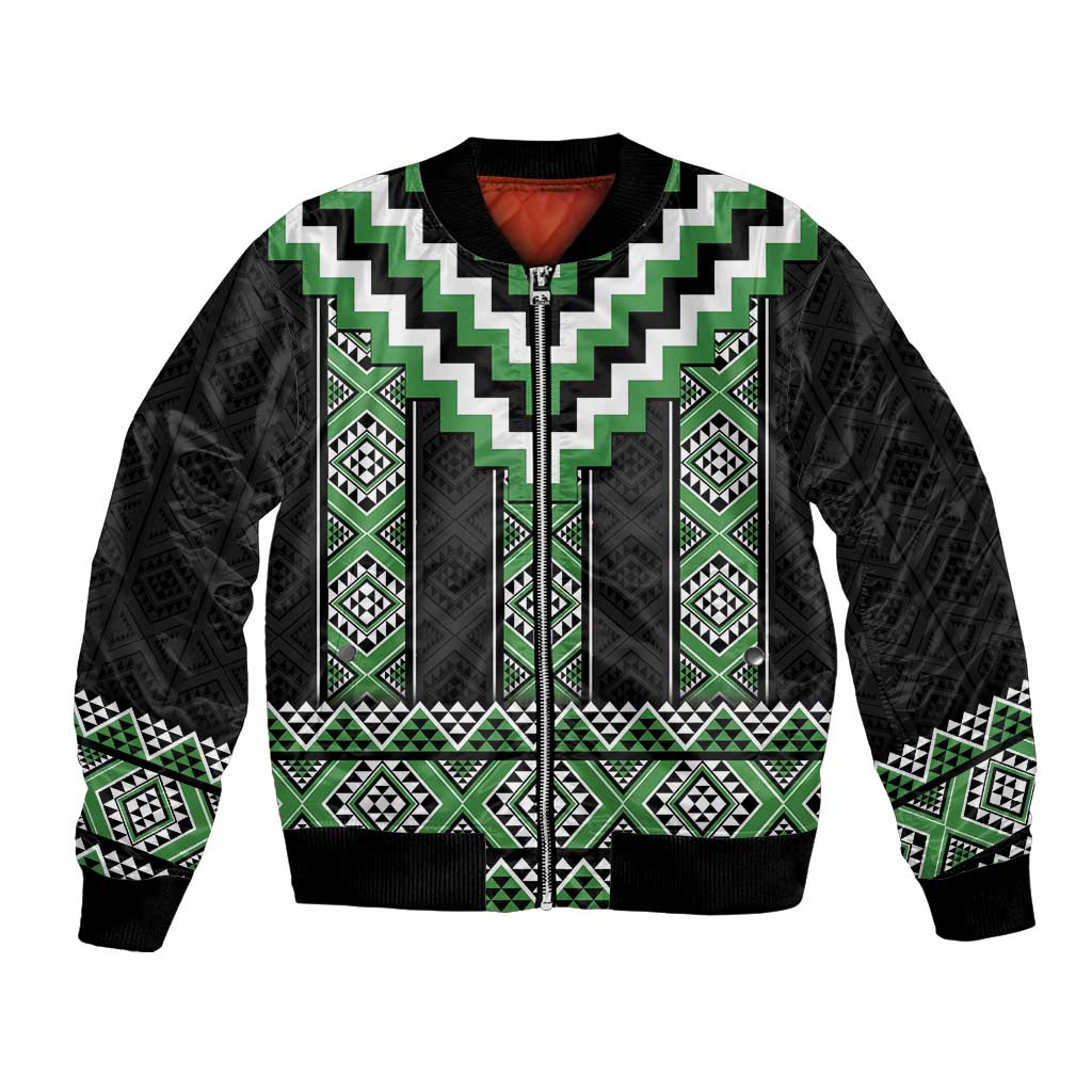Green Taniko Pattern Aotearoa Bomber Jacket Niho Taniwha Mix Poutama LT14 Unisex Green - Polynesian Pride