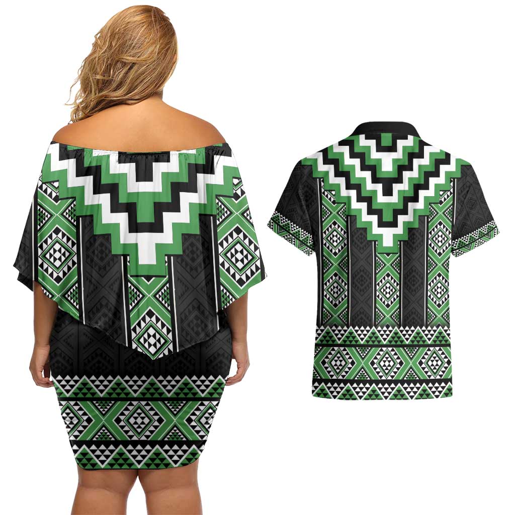 Green Taniko Pattern Aotearoa Couples Matching Off Shoulder Short Dress and Hawaiian Shirt Niho Taniwha Mix Poutama LT14