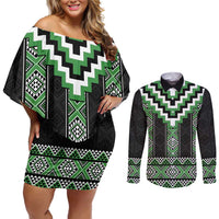 Green Taniko Pattern Aotearoa Couples Matching Off Shoulder Short Dress and Long Sleeve Button Shirt Niho Taniwha Mix Poutama LT14
