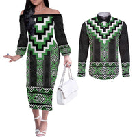 Green Taniko Pattern Aotearoa Couples Matching Off The Shoulder Long Sleeve Dress and Long Sleeve Button Shirt Niho Taniwha Mix Poutama LT14
