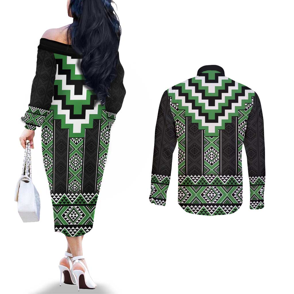Green Taniko Pattern Aotearoa Couples Matching Off The Shoulder Long Sleeve Dress and Long Sleeve Button Shirt Niho Taniwha Mix Poutama LT14