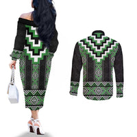Green Taniko Pattern Aotearoa Couples Matching Off The Shoulder Long Sleeve Dress and Long Sleeve Button Shirt Niho Taniwha Mix Poutama LT14