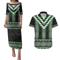 Green Taniko Pattern Aotearoa Couples Matching Puletasi and Hawaiian Shirt Niho Taniwha Mix Poutama LT14