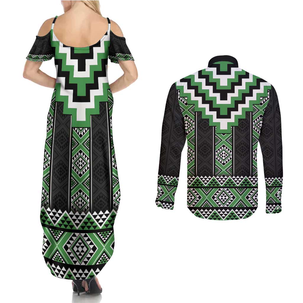 Green Taniko Pattern Aotearoa Couples Matching Summer Maxi Dress and Long Sleeve Button Shirt Niho Taniwha Mix Poutama LT14