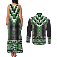 Green Taniko Pattern Aotearoa Couples Matching Tank Maxi Dress and Long Sleeve Button Shirt Niho Taniwha Mix Poutama LT14