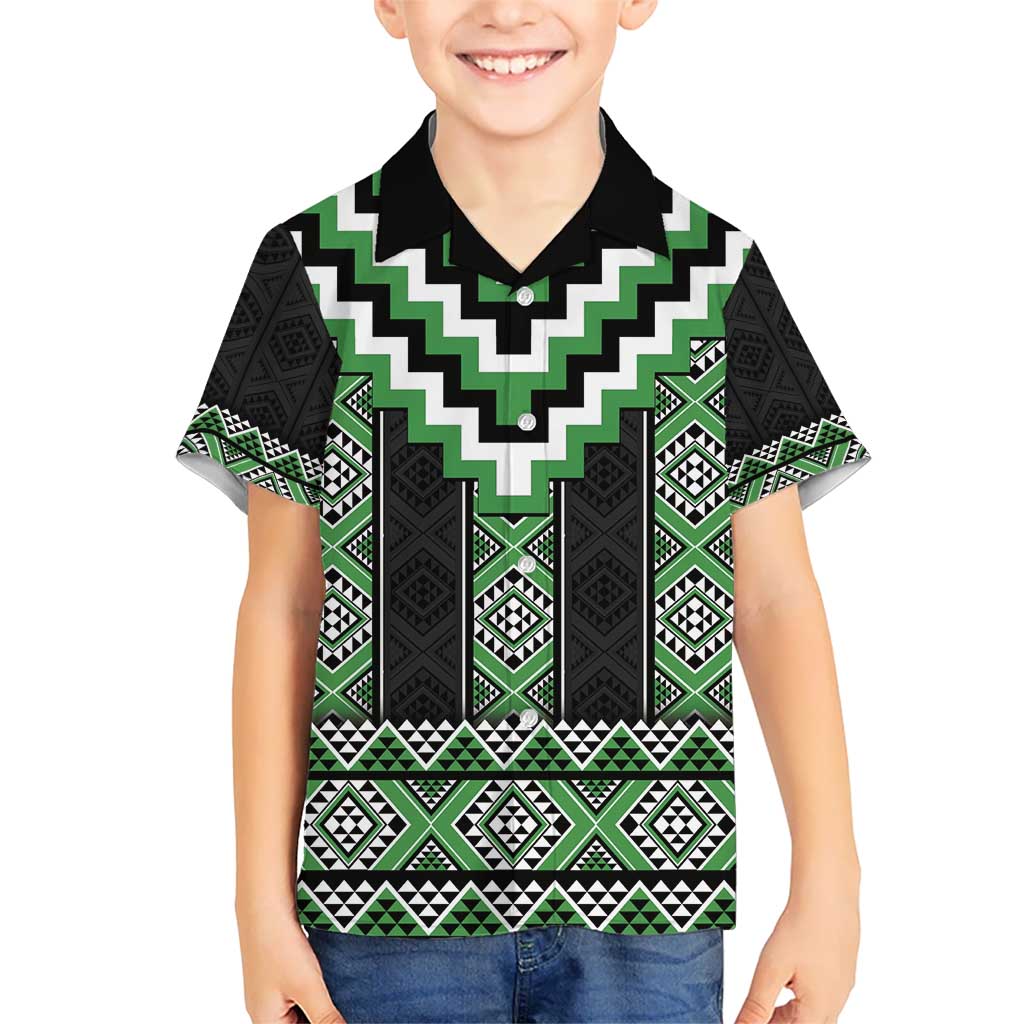 Green Taniko Pattern Aotearoa Kid Hawaiian Shirt Niho Taniwha Mix Poutama LT14 Kid Green - Polynesian Pride