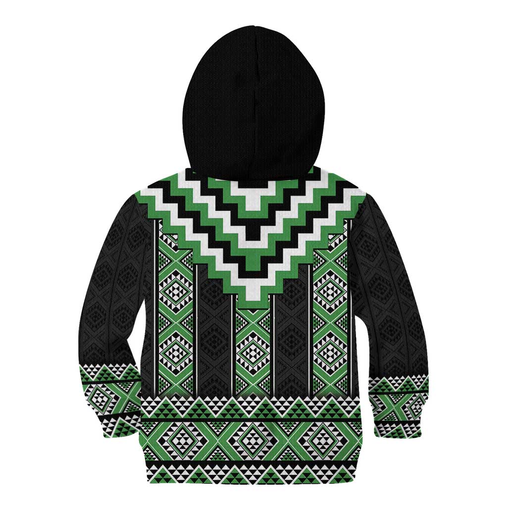 Green Taniko Pattern Aotearoa Kid Hoodie Niho Taniwha Mix Poutama LT14